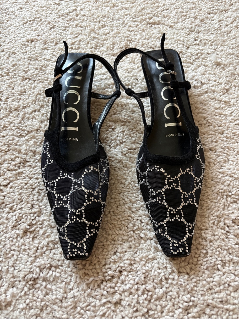 Faux Gucci Black Rhinestone-Embellished Slingback Pumps